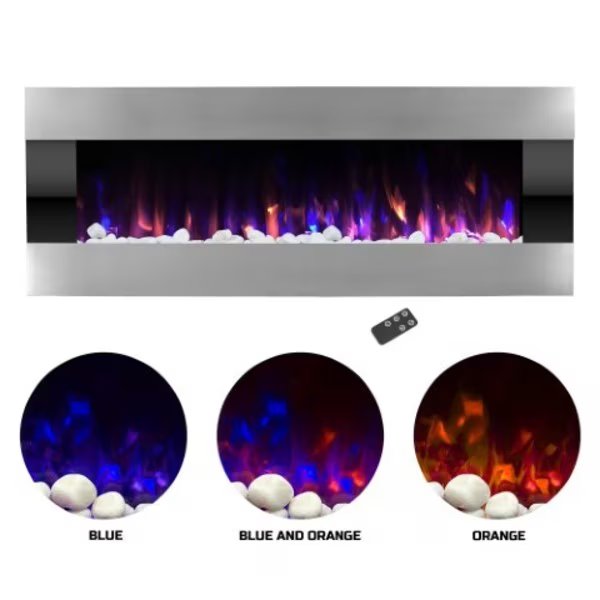 Hastings Home 54-inch Electric Fireplace Wall Mounted with LED Fire and Ice Flame (Stainless Steel), Hastings Home, Mfr#: 143468UKC